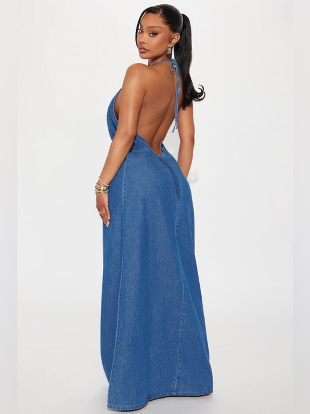 NWT Boohoo Women's XS Gemma Backless Denim Halter Maxi Dress Tie Neck Zip Back
